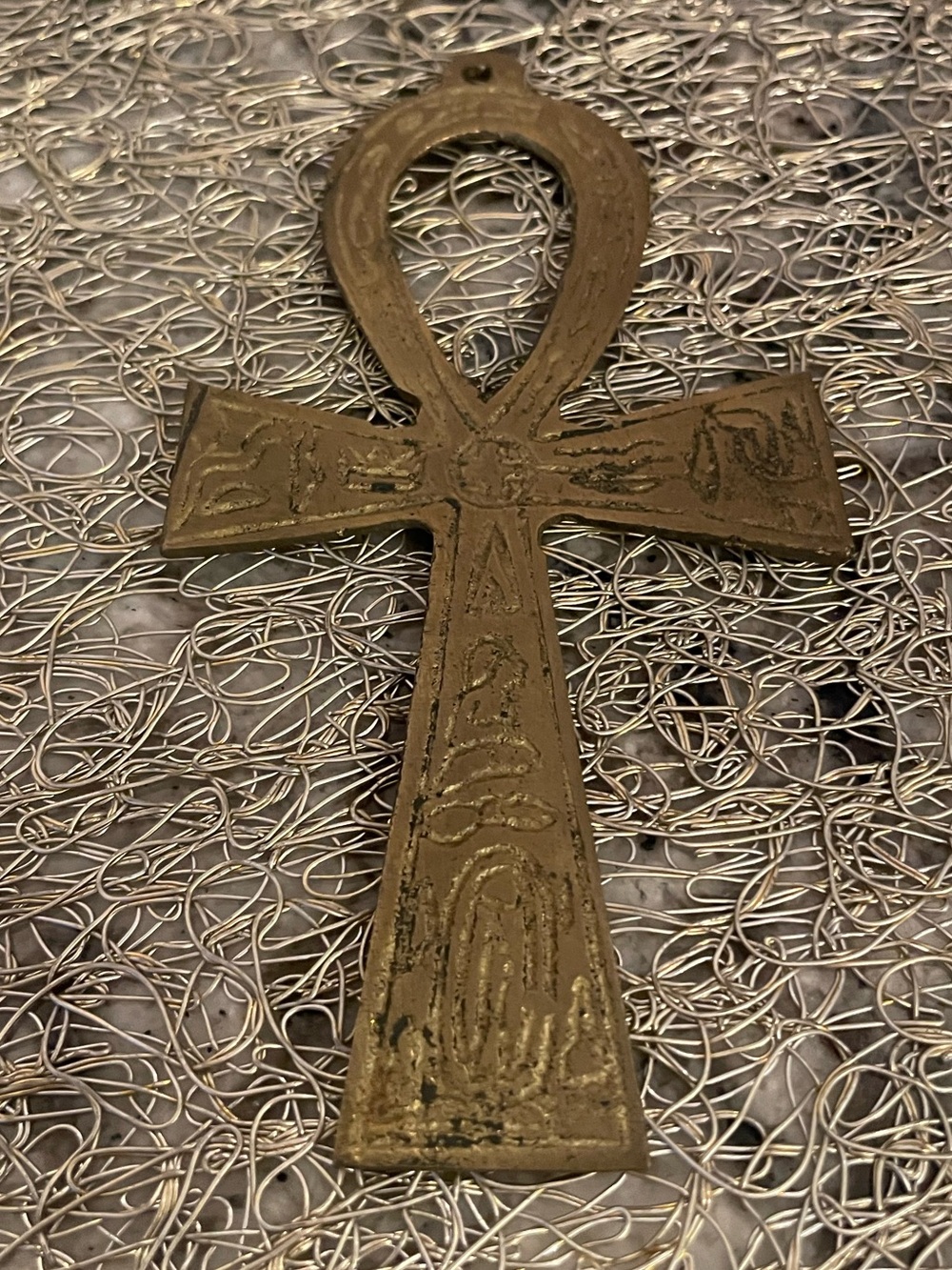 Vintage Brass Egyptian Ankh Wall Hanging. “Key of Life”, Engraved Hieroglyphics